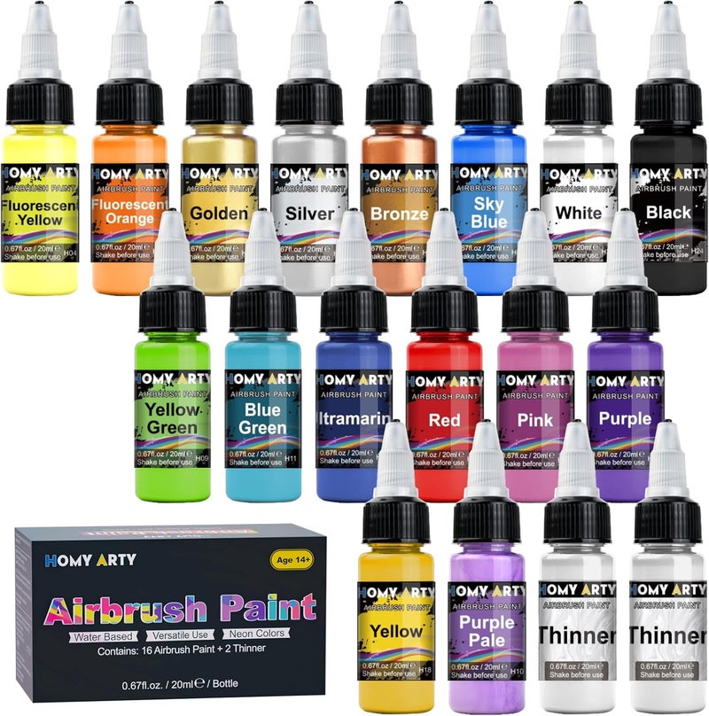 HOMY ARTY Airbrush Paint - 16 Colors with 2 Thinner, Ready to Spray, Water-Based, Acrylic Air Brush Paints for Metal, Plastic Models, Canvas, Wood - 18 Bottles - Image 1